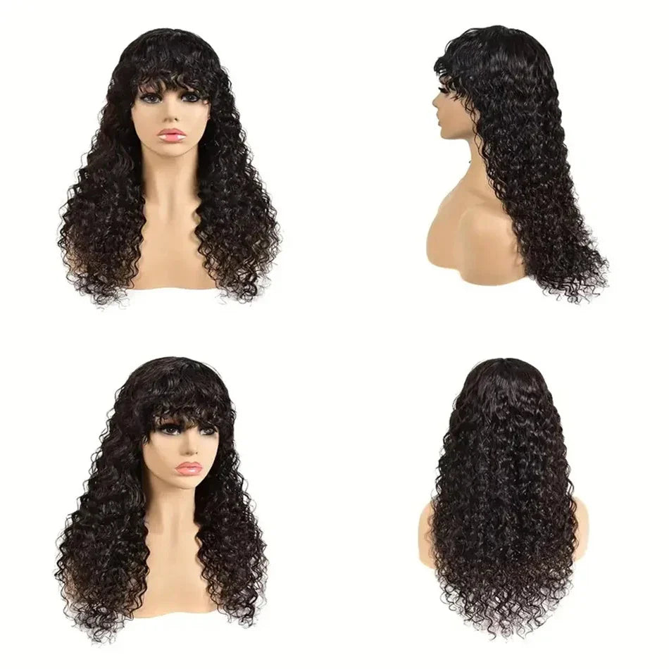 Perrque de 30 pouces ondulée, coupe lâche, avec frange | Cheveux brésiliens Remy humains, entièrement fabriqués à la machine (Naturelle, toutes les couleurs peuvent être teintes)