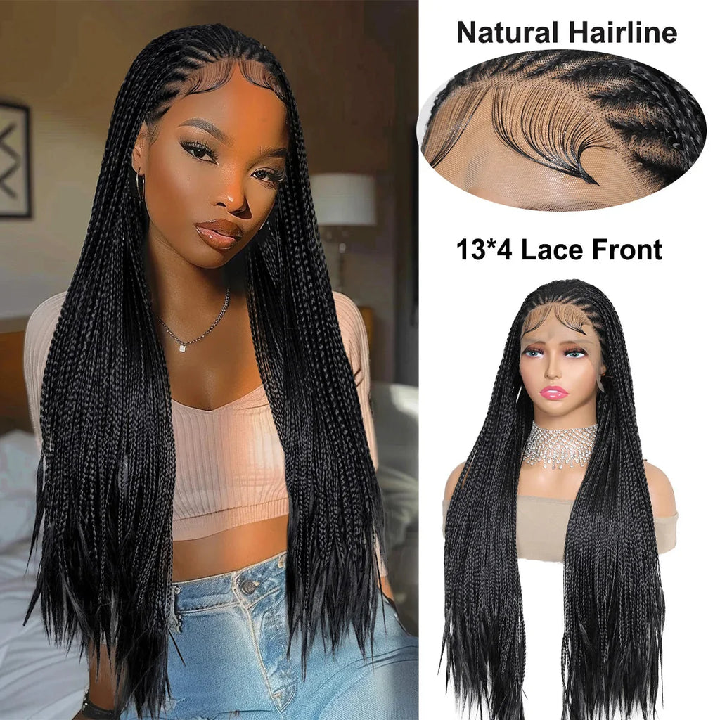 Perrque Tressée Déesse Faux Locs 13x4 | Tresses Boîte Sans Nœuds | Longue Synthétique Lace Front | Nœuds Blanchis