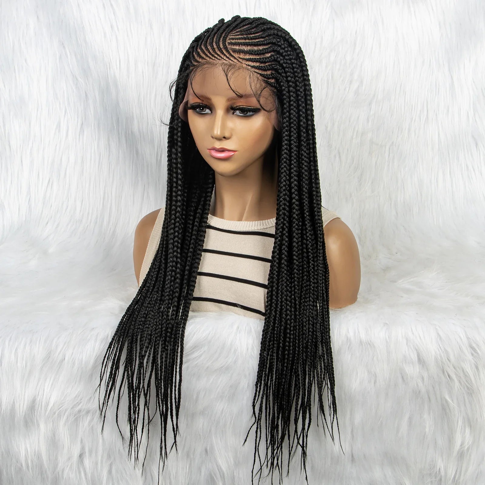 Perruque tressée frontale en dentelle HD 13x4 avec cheveux de bébé | Perruques tressées synthétiques pour femmes noires
