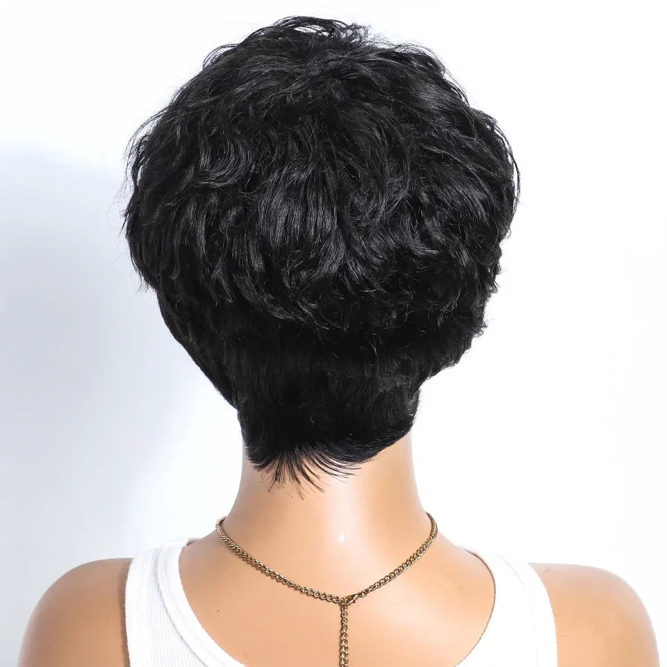 Perruque pixie marron mixte Rebecca | Cheveux humains brésiliens bouclés avec raie latérale