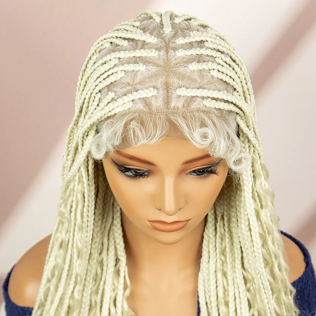 Perruque tressée boîte bohème avec cheveux bouclés | Accents dreadlocks style déesse | Perruque tressée marron en dentelle intégrale | Perruque tressée boîte bohème