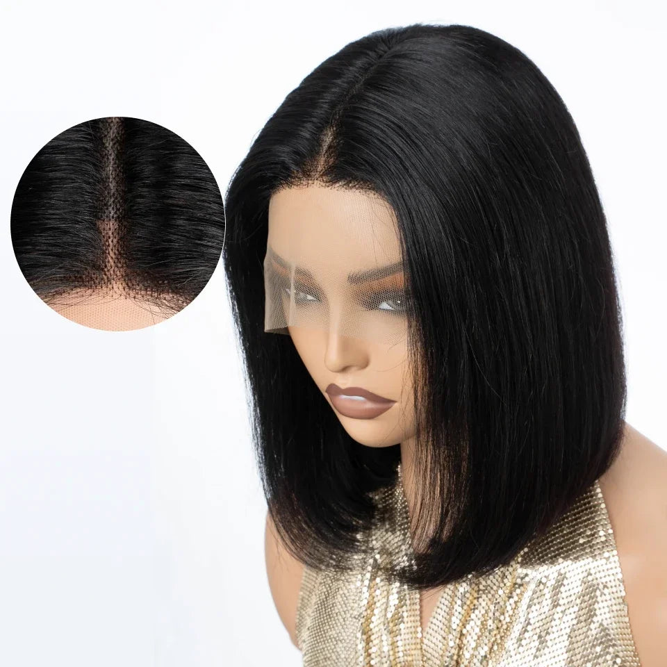 Perruque carrée courte et droite noire naturelle | Cheveux humains (180 % de densité, prêt à porter) avec dentelle frontale T-Part 13x6x1