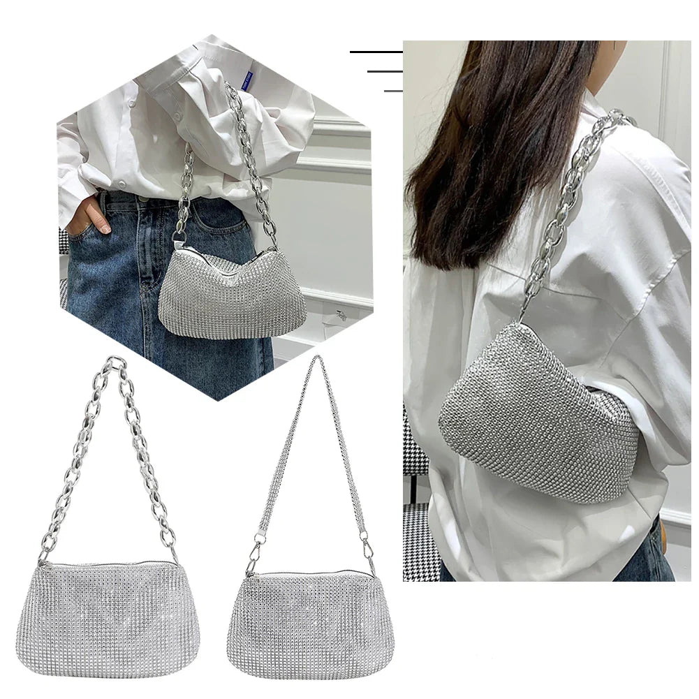 Pochette de Soirée Bling Strass | Sac à Main Coréen de Designer avec Chaîne en Diamants pour Dîner et Fêtes (Sac Carré Fourre-Tout Femme à Bandoulière)