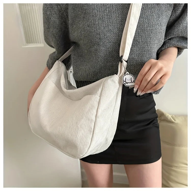 Sac à bandoulière en velours côtelé pour femme | Grand cabas décontracté rayé avec fermeture éclair (écusson chapeau mignon, usage quotidien)
