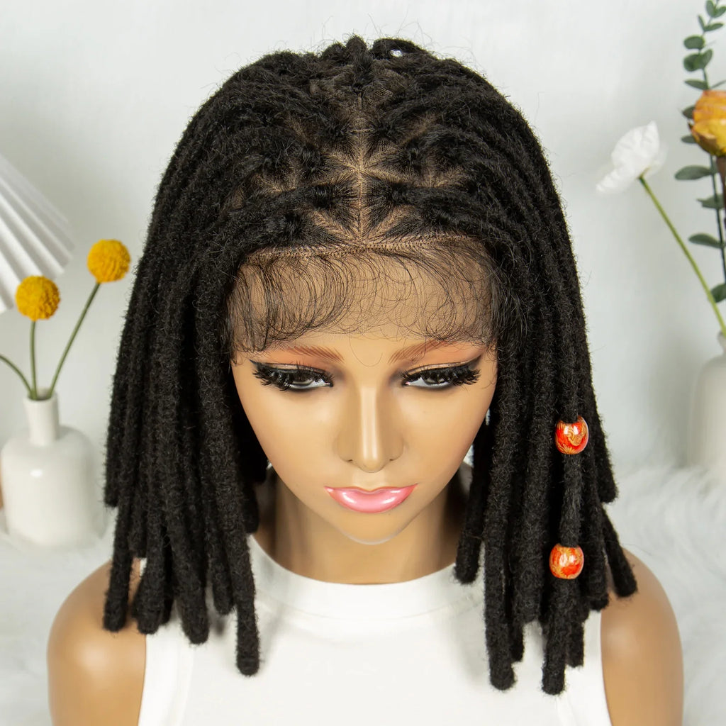 Perruque courte avec tresses africaines et nattes | Dentelle complète | Cheveux de bébé | Inspiration africaine