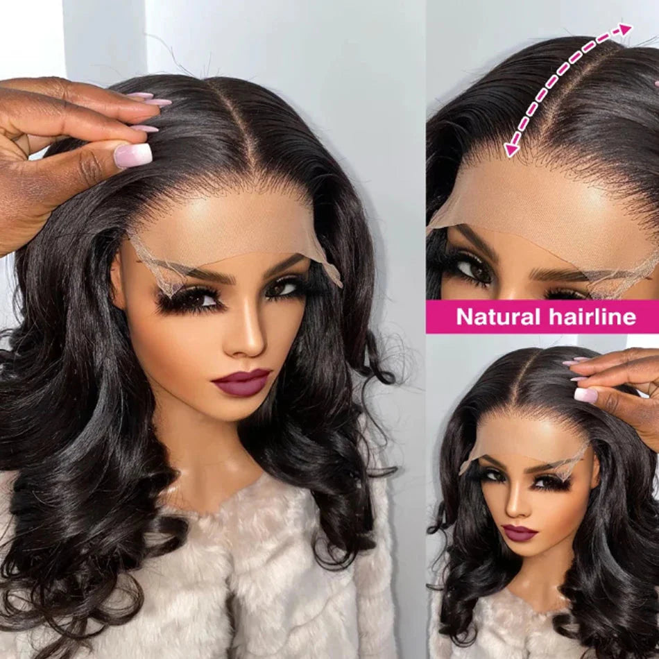 Perruque courte sans colle Body Wave Bob | Perruque Lace Frontale 13x4 Transparente en Cheveux Humains Brésiliens (Pré-épilée, prête à porter)