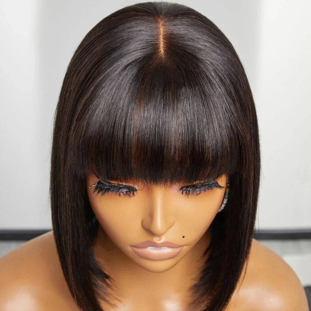 Perruque carrée droite Ombre #4/27 avec frange | Dessus en dentelle de cheveux humains et cuir chevelu réaliste