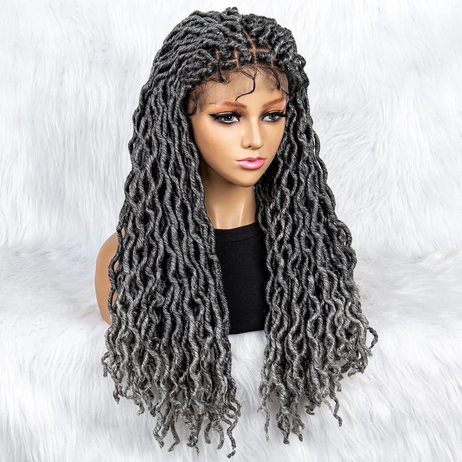 Perruque tressée sans nœuds avec pointes bouclées et cheveux de bébé | Perruque synthétique Lace Front pour femmes noires