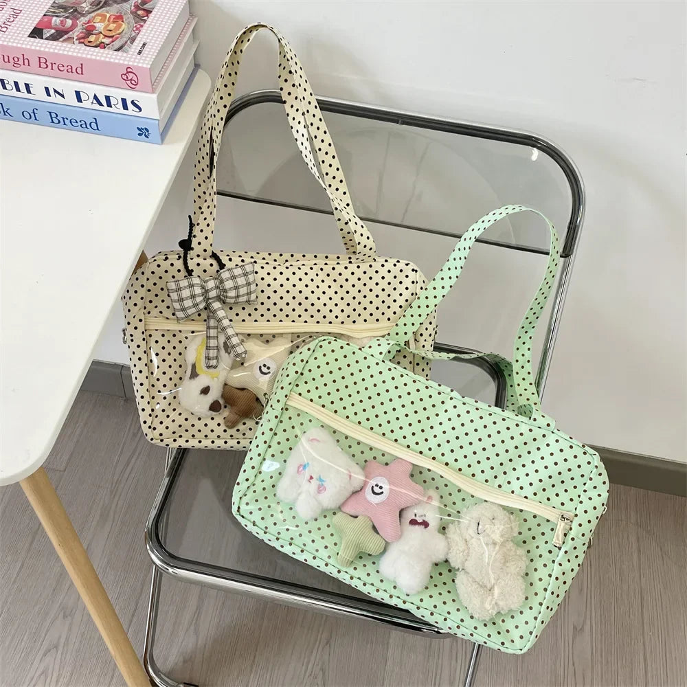 Sac Ita Y2K Ulzzang pour femmes | Sac à bandoulière et fourre-tout sous le bras en toile à pois tendance (Poche transparente, Mode jeune)
