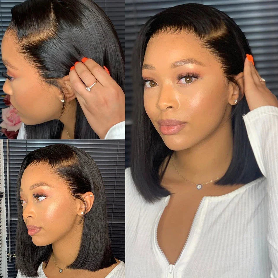 Perruque Bob Courte Droite Sans Colle 13x4 Lace Front Pré-Épilée avec Fermeture 4x4 Cheveux Humains Brésiliens Remy Ultra Lisses