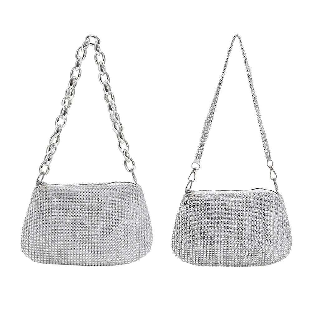 Pochette de Soirée Bling Strass | Sac à Main Coréen de Designer avec Chaîne en Diamants pour Dîner et Fêtes (Sac Carré Fourre-Tout Femme à Bandoulière)