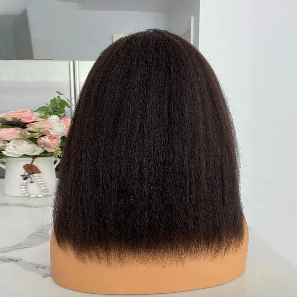 Perruque bob droite crépue sans colle 13x4 | Prête à porter | Cheveux brésiliens Remy | Dentelle transparente HD