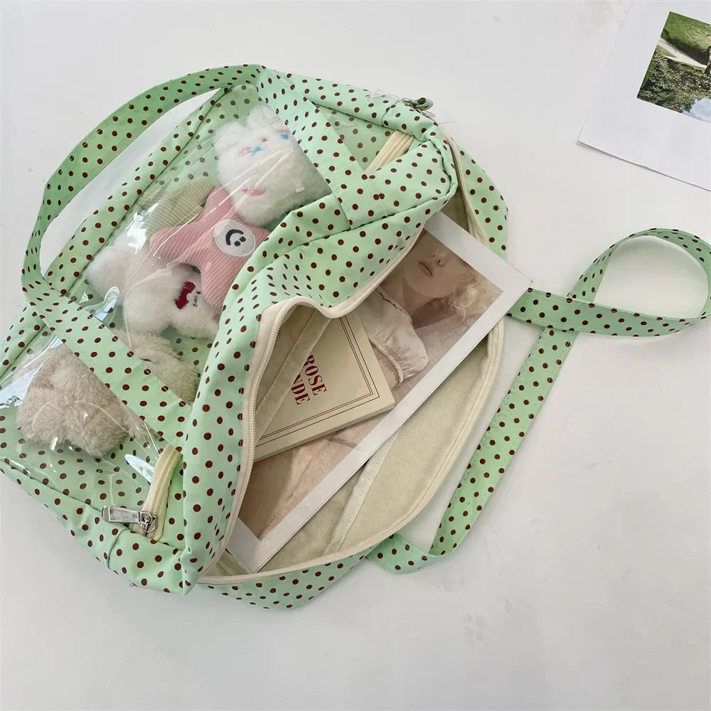 Sac Ita Y2K Ulzzang pour femmes | Sac à bandoulière et fourre-tout sous le bras en toile à pois tendance (Poche transparente, Mode jeune)