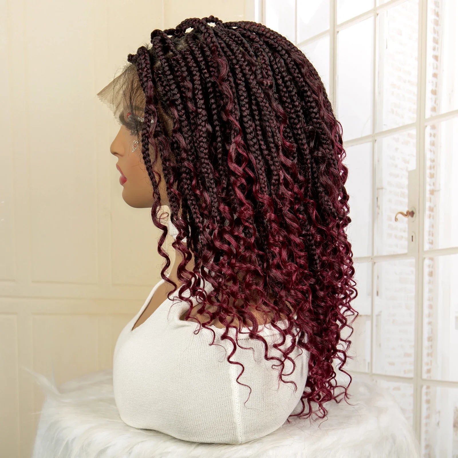 Perruque de tresses carrées bordeaux 14" | Entièrement lacée | Fibre Kanekalon | Tresses bohèmes | Pour femmes