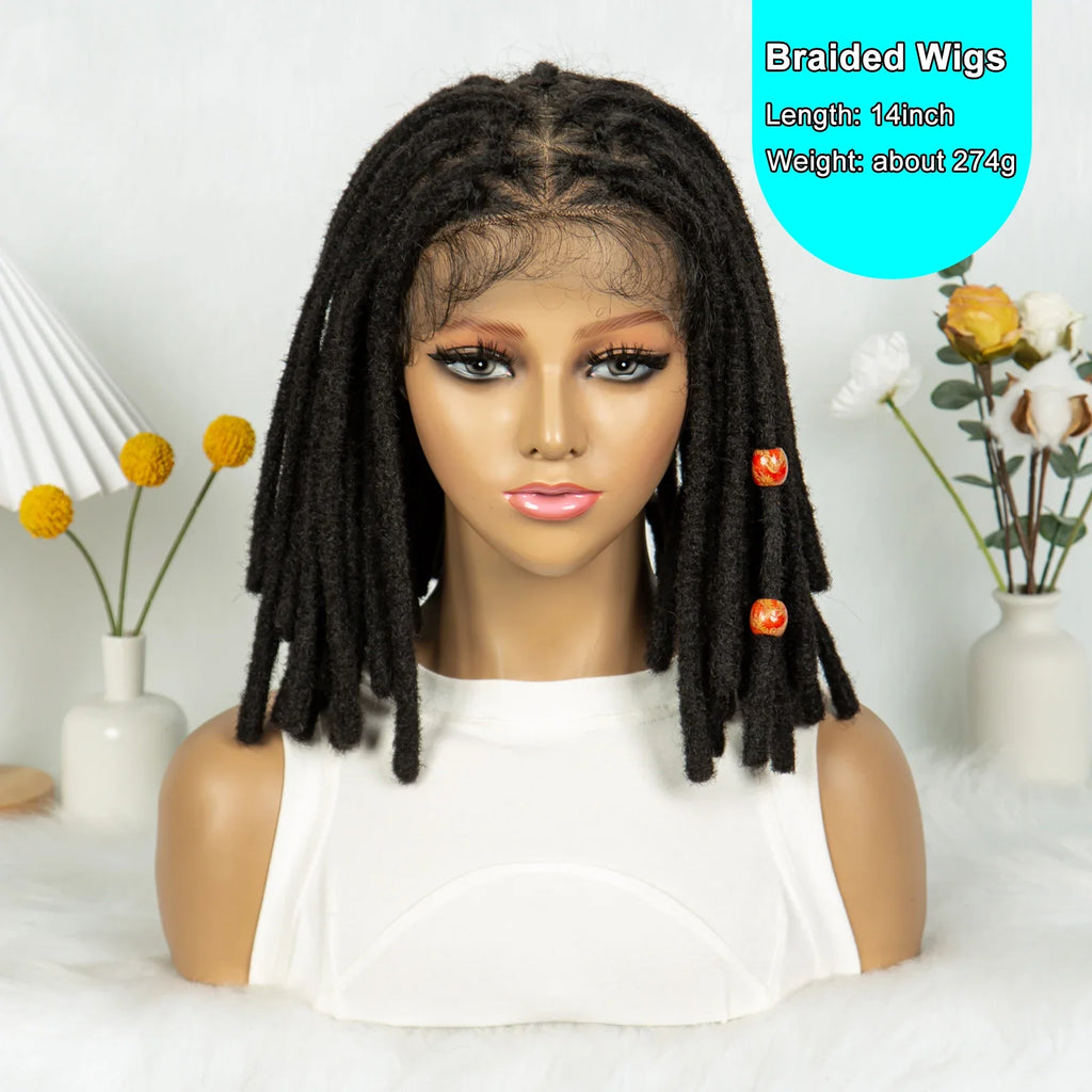 Perruque courte avec tresses africaines et nattes | Dentelle complète | Cheveux de bébé | Inspiration africaine