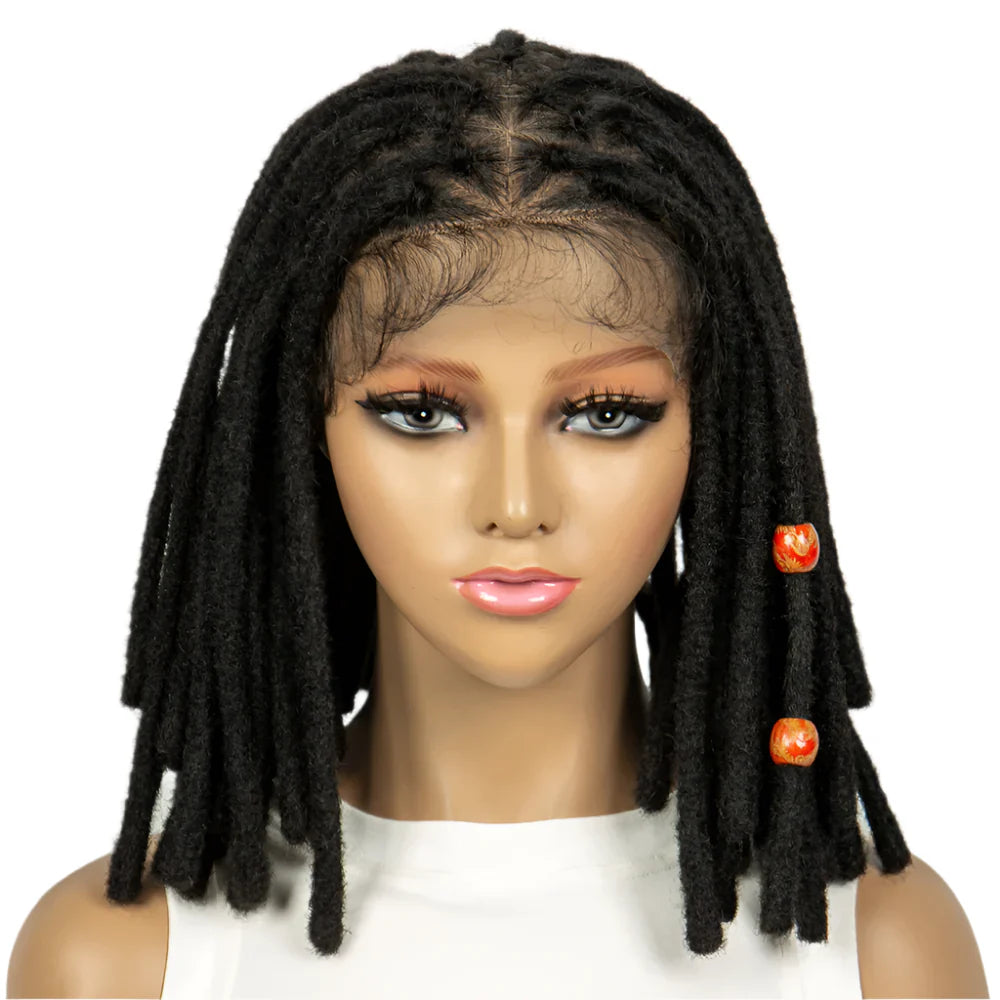 Perruque courte avec tresses africaines et nattes | Dentelle complète | Cheveux de bébé | Inspiration africaine