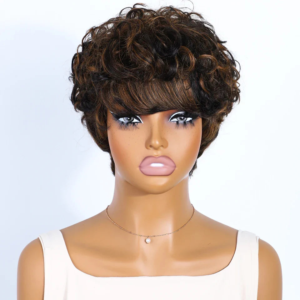 Perruque coupe courte Rebecca P1B/30 | Cheveux humains brésiliens bouclés avec raie sur le côté