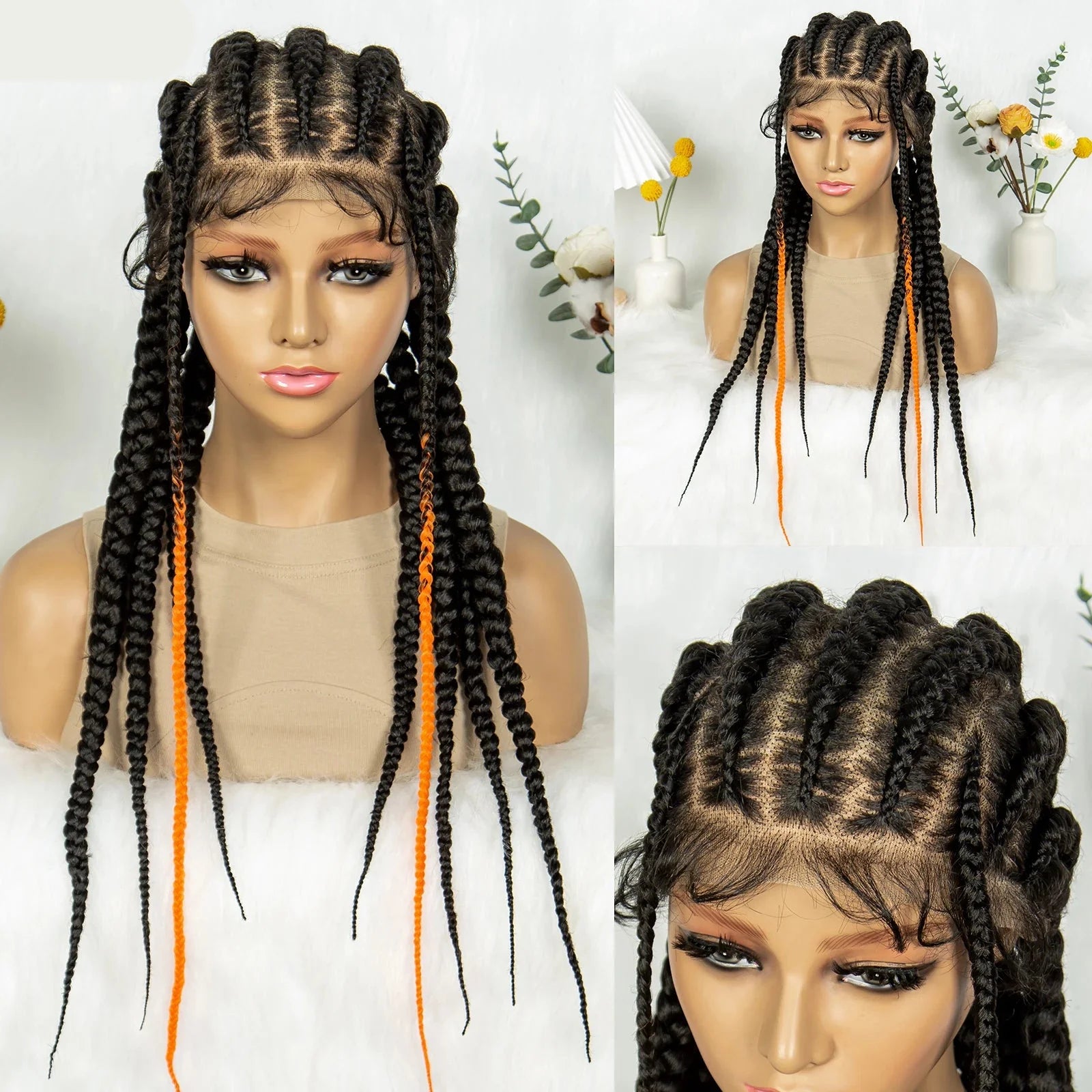 Perruque en dentelle complète tressée sans nœuds | Tresses africaines | Cheveux de bébé | Perruque tressée synthétique