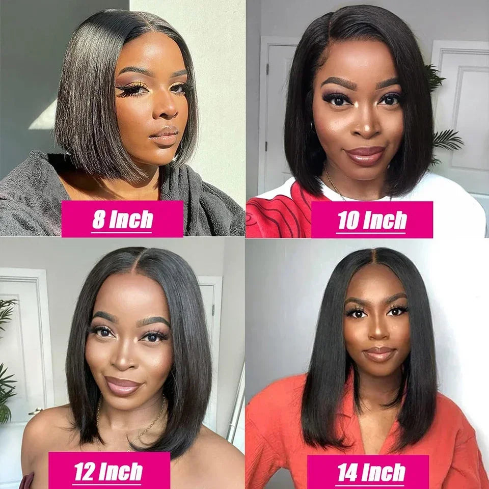 Perruque carrée courte et droite noire naturelle | Cheveux humains (180 % de densité, prêt à porter) avec dentelle frontale T-Part 13x6x1