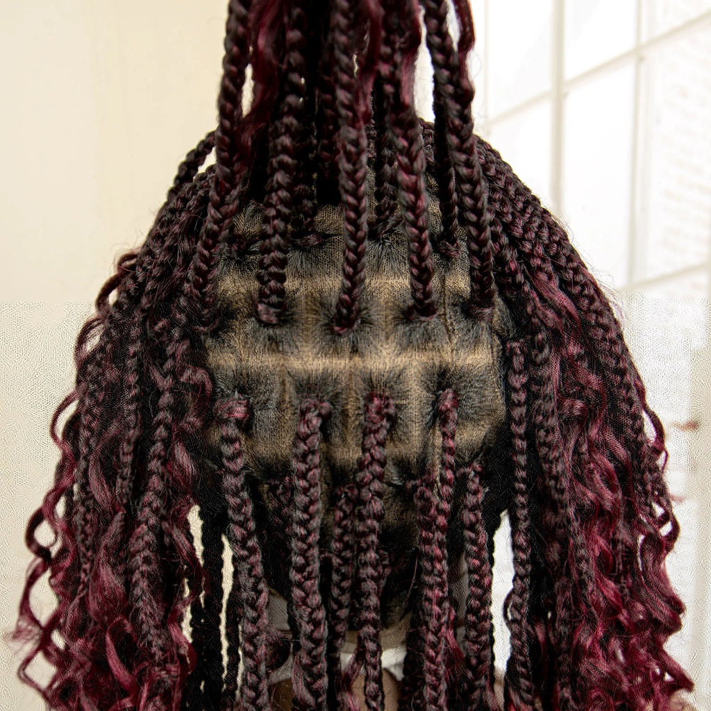 Perruque de tresses carrées bordeaux 14" | Entièrement lacée | Fibre Kanekalon | Tresses bohèmes | Pour femmes