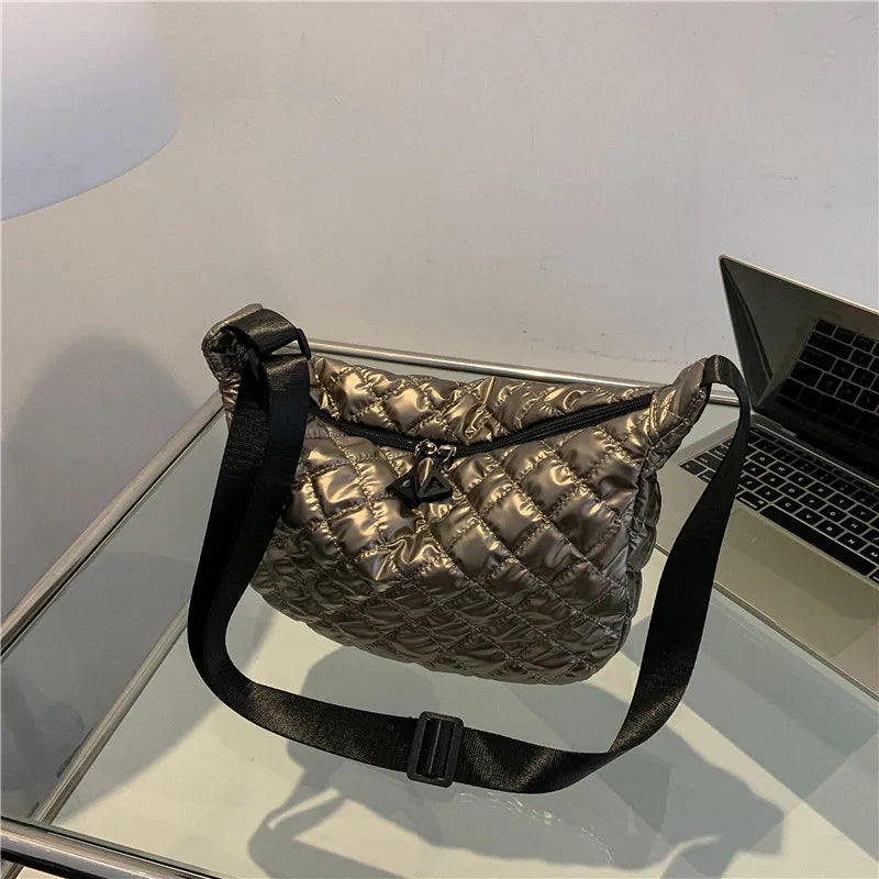Sacs à main matelassés en nylon tendance pour femme | Sacs à poignée supérieure grande capacité et sacs bandoulière couleur unie (sacs à bandoulière d'hiver pour femme)