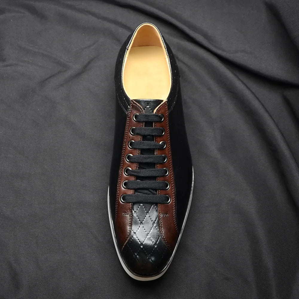 Europe 2024 Automne Hommes Luxe Cuir Véritable Plaid Chaussures Décontractées | Baskets Business Noir & Marron Foncé (Augmentation de la Hauteur)