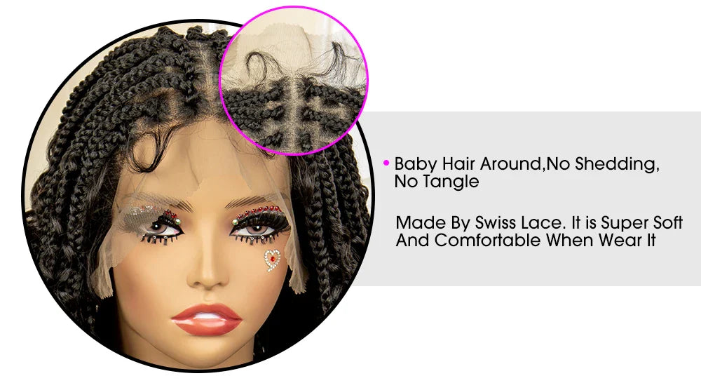 Perruque de tresses carrées bordeaux 14" | Entièrement lacée | Fibre Kanekalon | Tresses bohèmes | Pour femmes