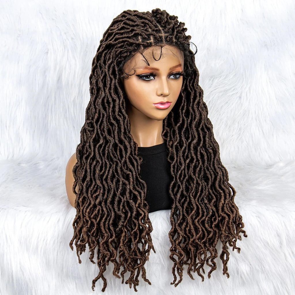 Perruque tressée sans nœuds avec pointes bouclées et cheveux de bébé | Perruque synthétique Lace Front pour femmes noires