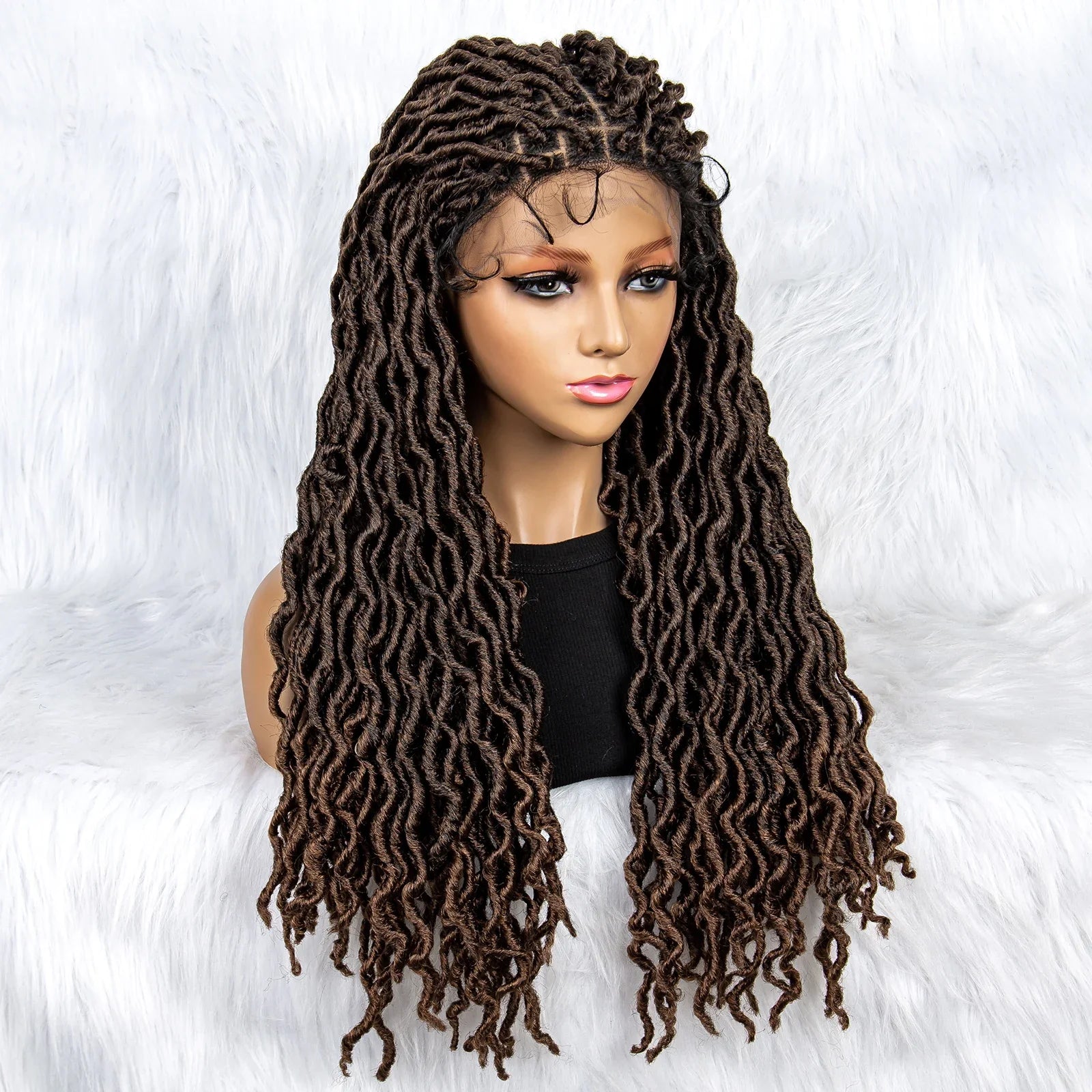 Perruque tressée sans nœuds avec pointes bouclées et cheveux de bébé | Perruque synthétique Lace Front pour femmes noires