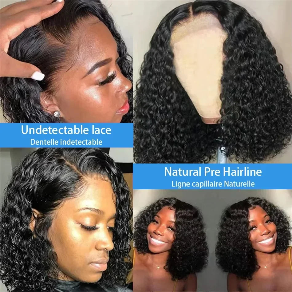 Perruque courte type bob à ondulations profondes 100 % cheveux humains | Perruque Lace Front transparente 13x4 Remy Vietnamienne de 14 pouces et de densité 200
