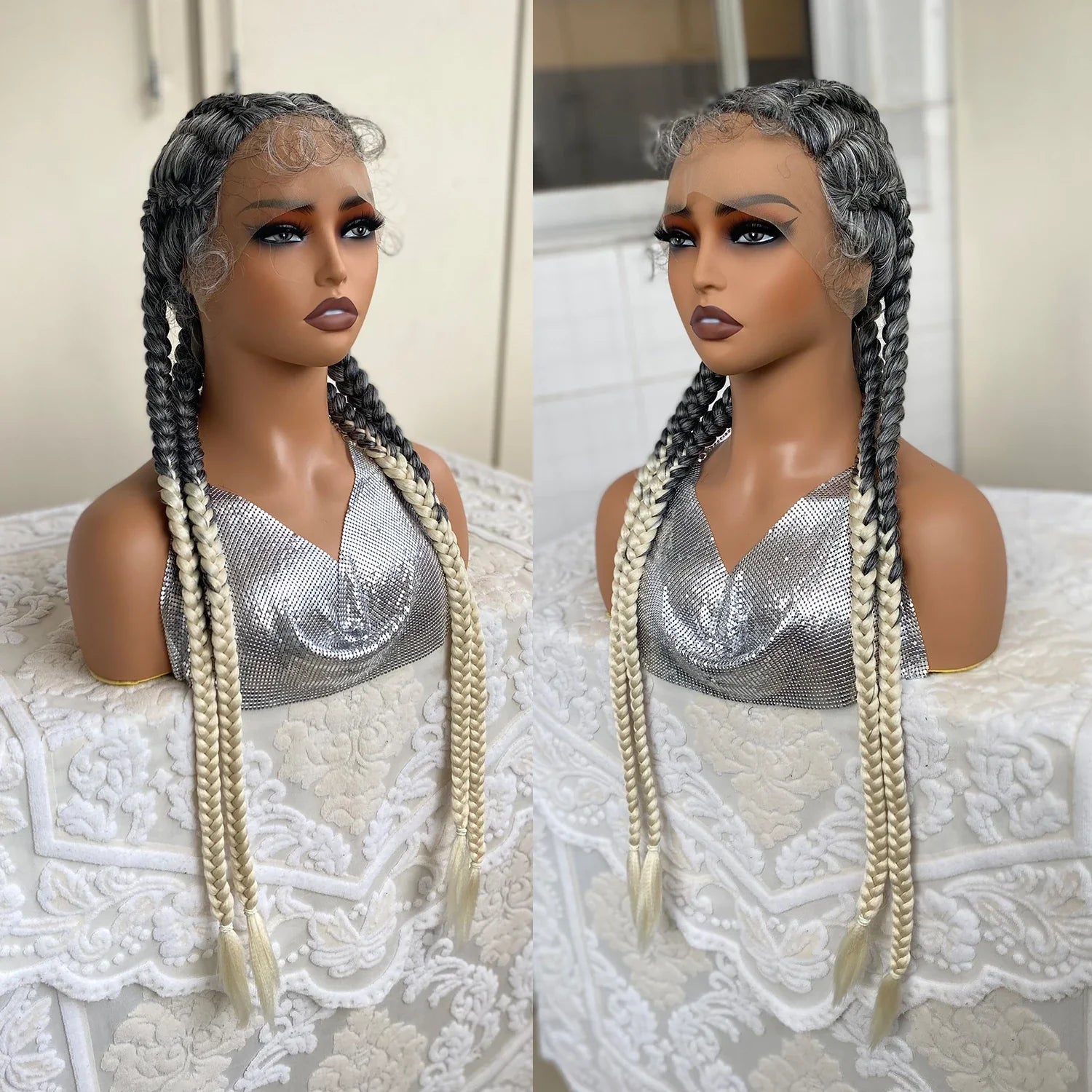 Perruque avant en dentelle torsadée sénégalaise de 32 pouces | 4 tresses collées | Avec des cheveux de bébé | Tresses synthétiques au crochet