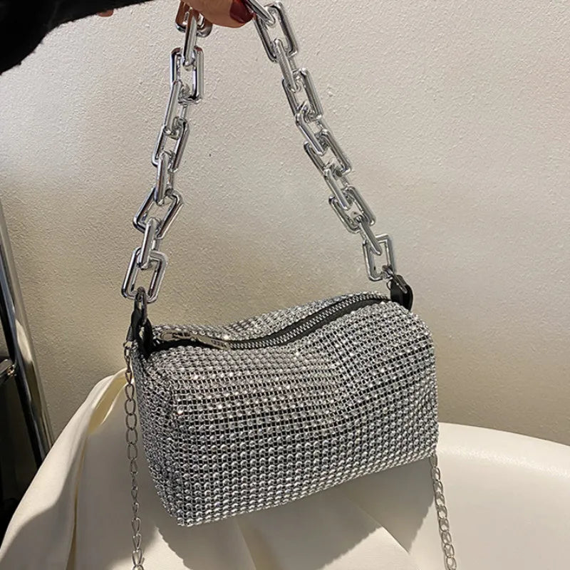 Allover Rhinestone Bucket Bag | Glitter Chain Prom Purse & Women's Mini Crossbody Bag (Sparkling Evening Handbag)