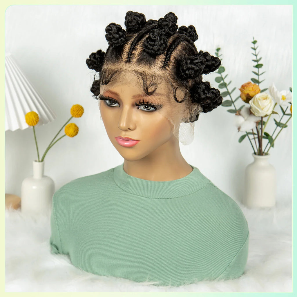 Perruque courte tressée à nœuds bantous | Entièrement en dentelle | Cheveux synthétiques | Cheveux de bébé | Jolies tresses pour femmes noires