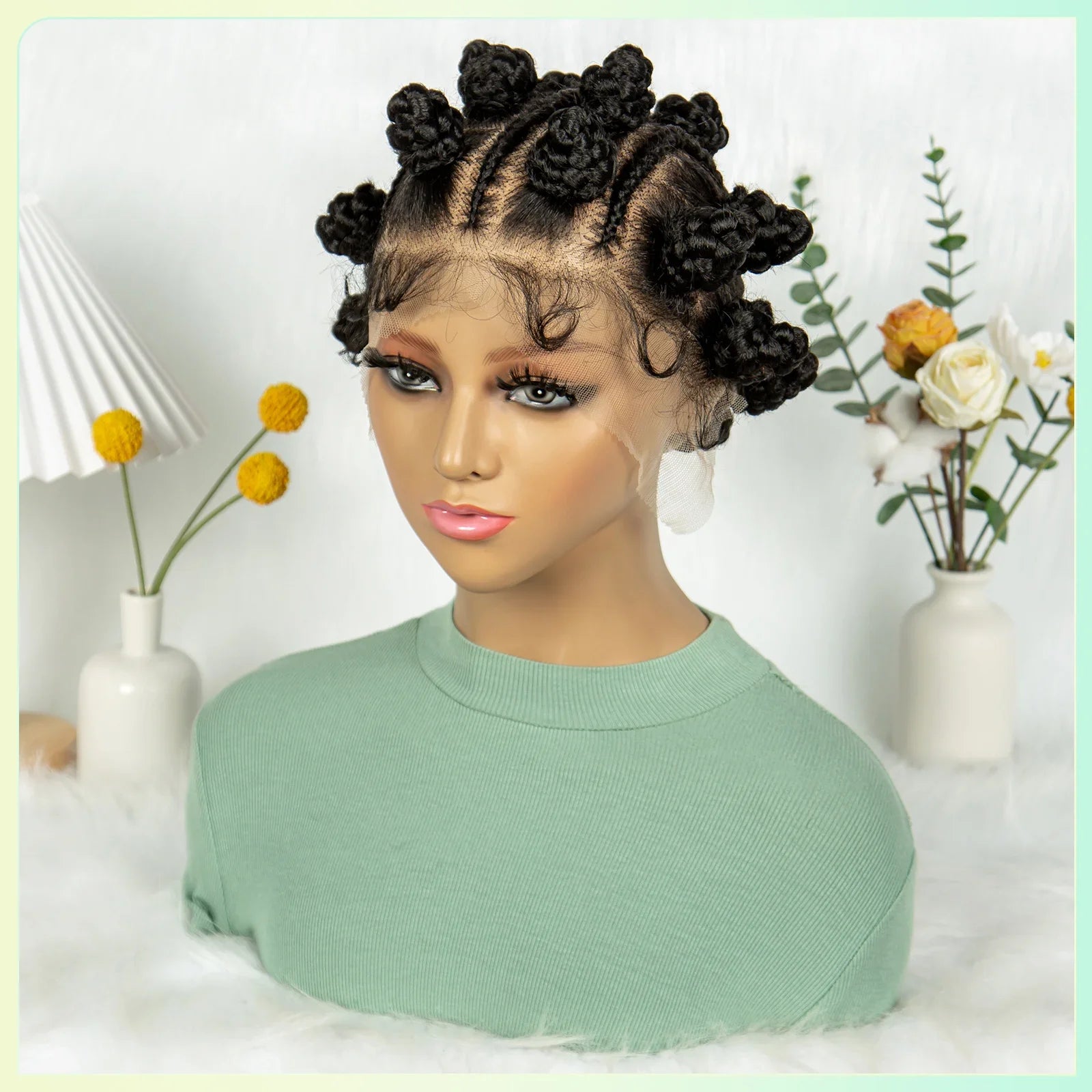 Perruque courte tressée à nœuds bantous | Entièrement en dentelle | Cheveux synthétiques | Cheveux de bébé | Jolies tresses pour femmes noires