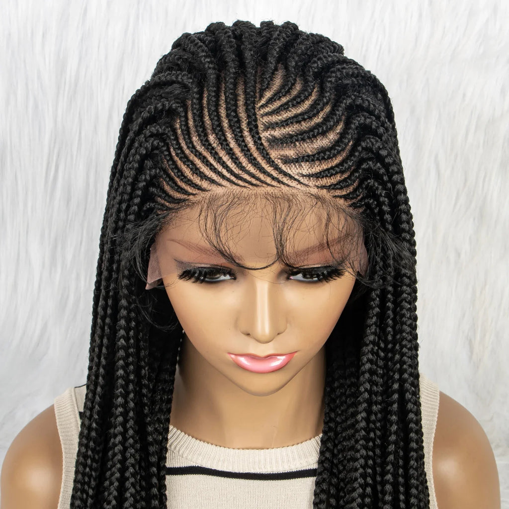 Perruque tressée frontale en dentelle HD 13x4 avec cheveux de bébé | Perruques tressées synthétiques pour femmes noires