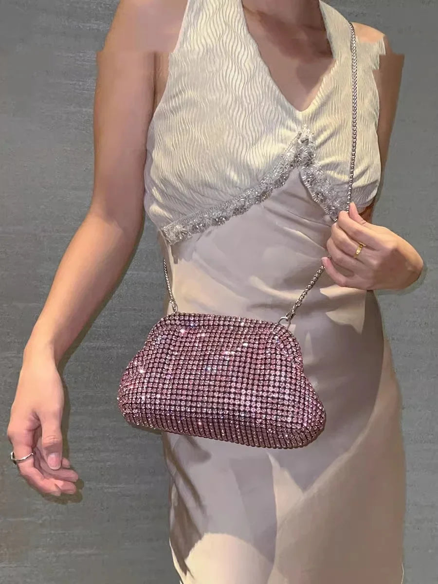 Sac à main de luxe pour femme en forme de nuage scintillant | Sac de soirée en cristal brillant avec strass et diamants (Pochette de soirée pour mariage, Sac à bandoulière)