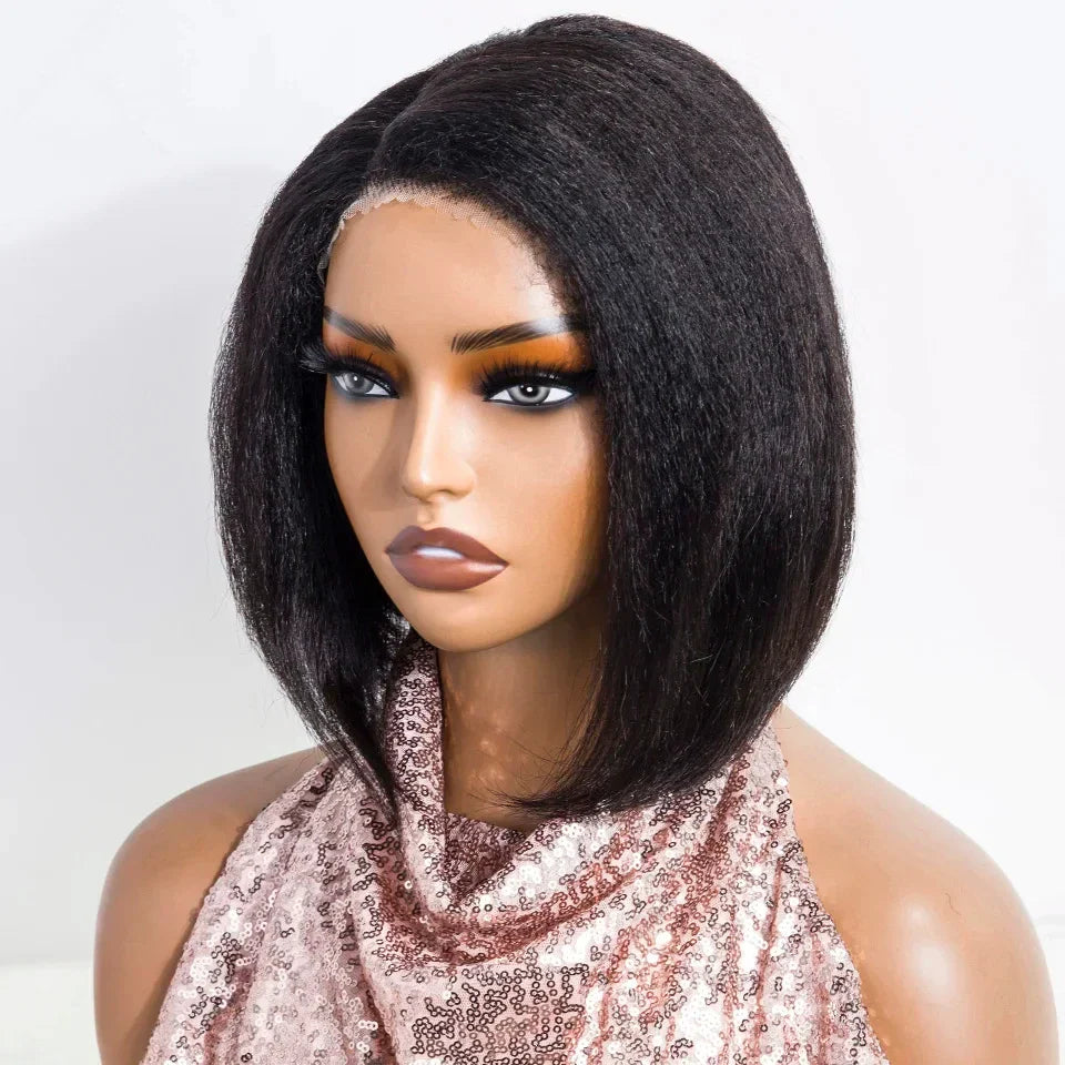 Perruque carrée courte et lisse crépu | Cheveux naturels indétectables sans colle avec raie naturelle