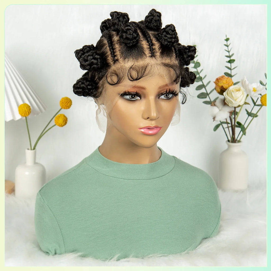 Perruque courte tressée à nœuds bantous | Entièrement en dentelle | Cheveux synthétiques | Cheveux de bébé | Jolies tresses pour femmes noires