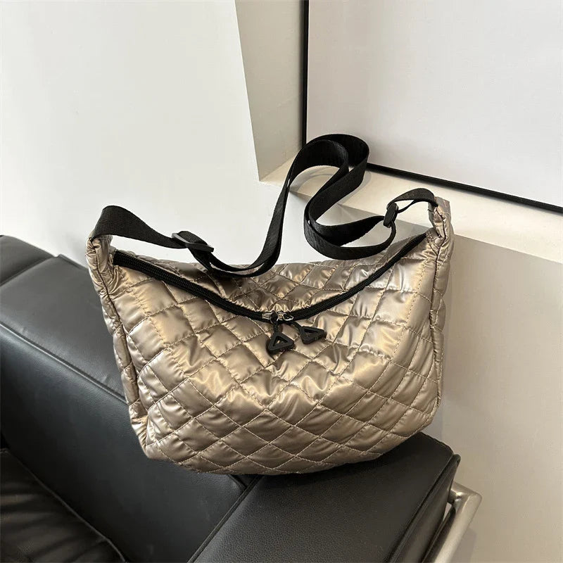 Sacs à main matelassés en nylon tendance pour femme | Sacs à poignée supérieure grande capacité et sacs bandoulière couleur unie (sacs à bandoulière d'hiver pour femme)