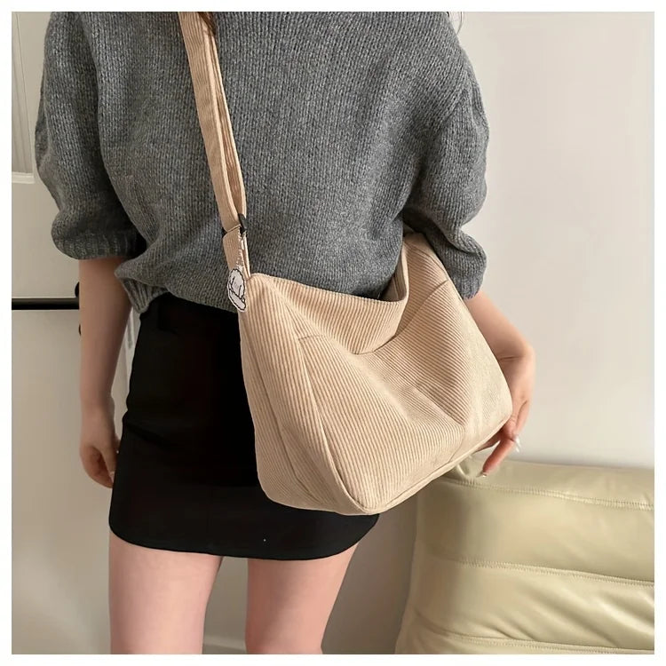 Sac à bandoulière en velours côtelé pour femme | Grand cabas décontracté rayé avec fermeture éclair (écusson chapeau mignon, usage quotidien)