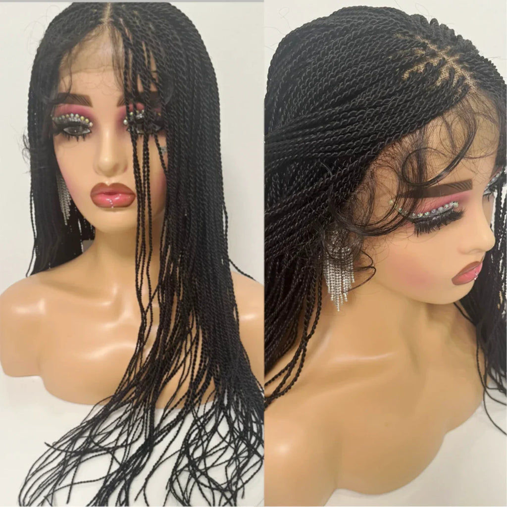 Perruque de tresses micro-torsadées de 28" | Style de tresses sénégalaises | Perruque Lace Front Transparente | Cheveux Kanekalon