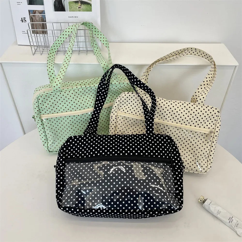 Sac Ita Y2K Ulzzang pour femmes | Sac à bandoulière et fourre-tout sous le bras en toile à pois tendance (Poche transparente, Mode jeune)