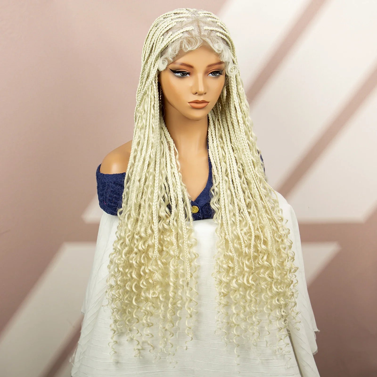 Perruque tressée boîte bohème avec cheveux bouclés | Accents dreadlocks style déesse | Perruque tressée marron en dentelle intégrale | Perruque tressée boîte bohème