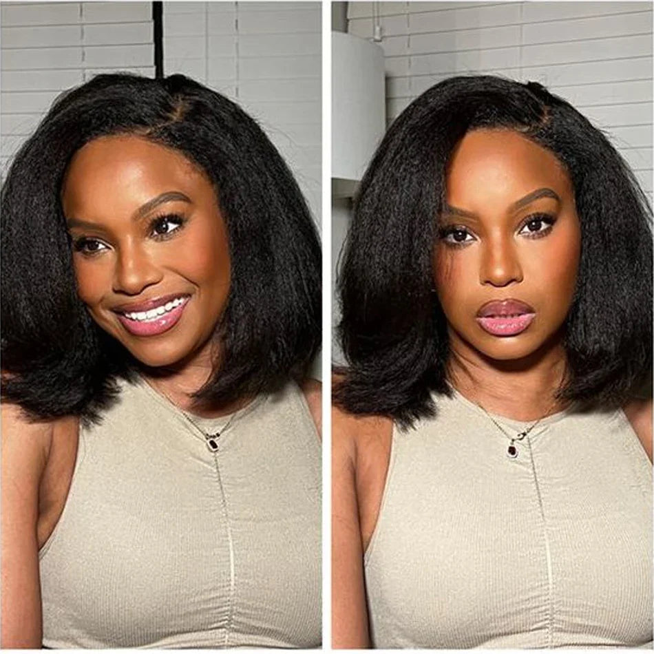 Perruque bob droite crépue sans colle 13x4 | Prête à porter | Cheveux brésiliens Remy | Dentelle transparente HD