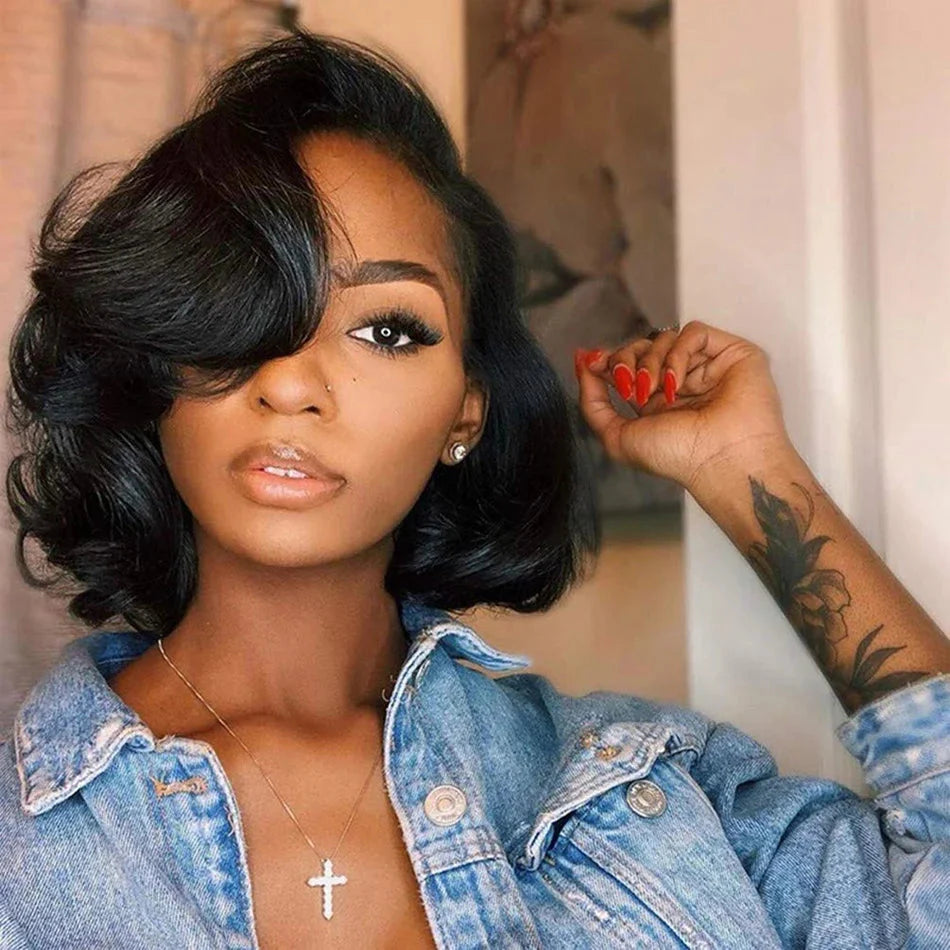 Perruque courte sans colle Body Wave Bob | Perruque Lace Frontale 13x4 Transparente en Cheveux Humains Brésiliens (Pré-épilée, prête à porter)