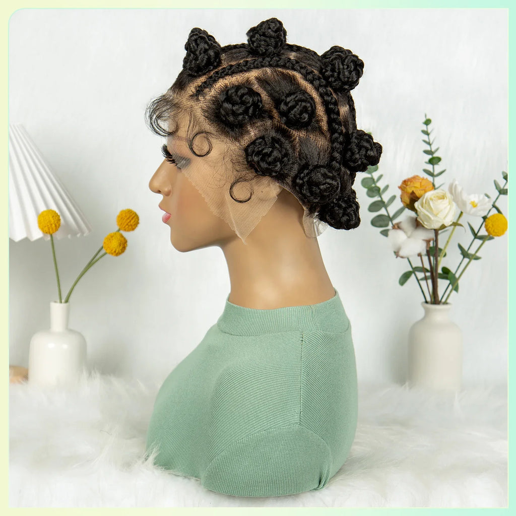 Perruque courte tressée à nœuds bantous | Entièrement en dentelle | Cheveux synthétiques | Cheveux de bébé | Jolies tresses pour femmes noires