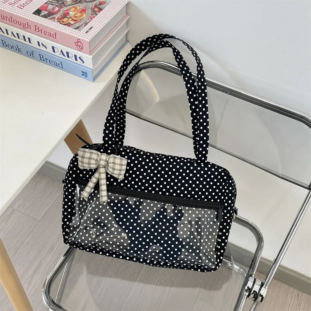 Sac Ita Y2K Ulzzang pour femmes | Sac à bandoulière et fourre-tout sous le bras en toile à pois tendance (Poche transparente, Mode jeune)