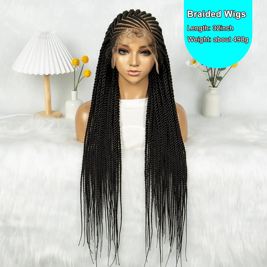 Perruque tressée de 32 pouces avec tresses collées | Tresses individuelles en dentelle complète | Perruque Lace Front transparente pour femmes noires