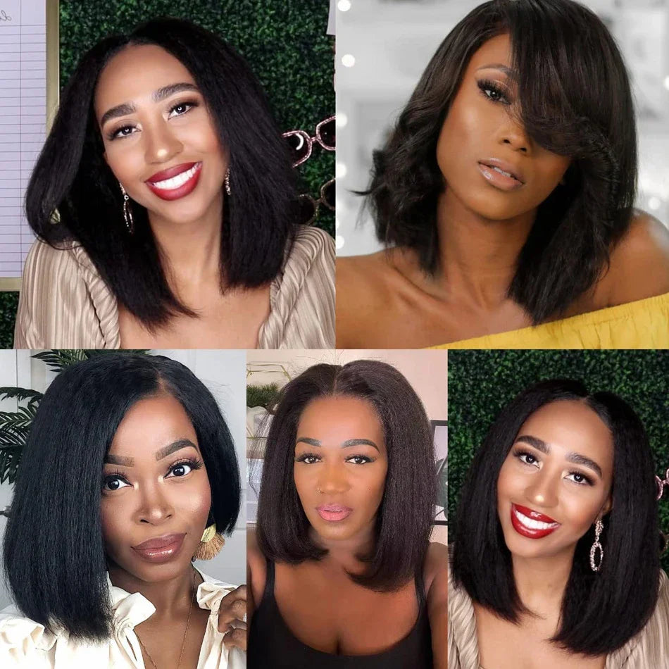 Perruque bob droite crépue sans colle 13x4 | Prête à porter | Cheveux brésiliens Remy | Dentelle transparente HD