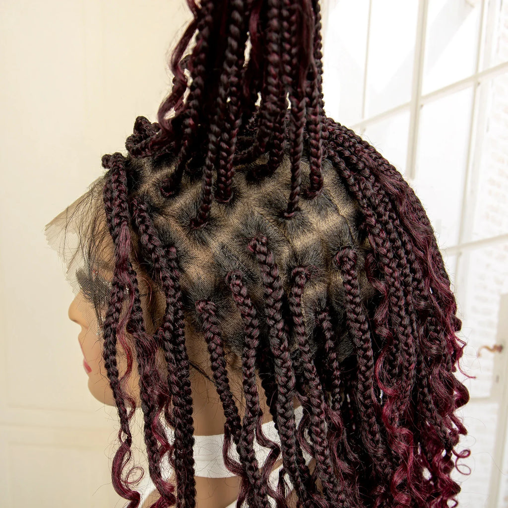 Perruque de tresses carrées bordeaux 14" | Entièrement lacée | Fibre Kanekalon | Tresses bohèmes | Pour femmes